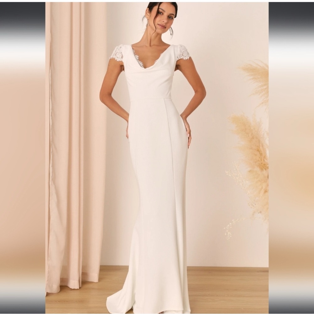 Lulus NWT NEW Forever Beloved White Lace Cap Sleeve Mermaid Maxi Dress Size Medi
